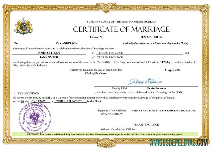 Imprimível modelo Word e PDF de certidão de casamento no Irã
